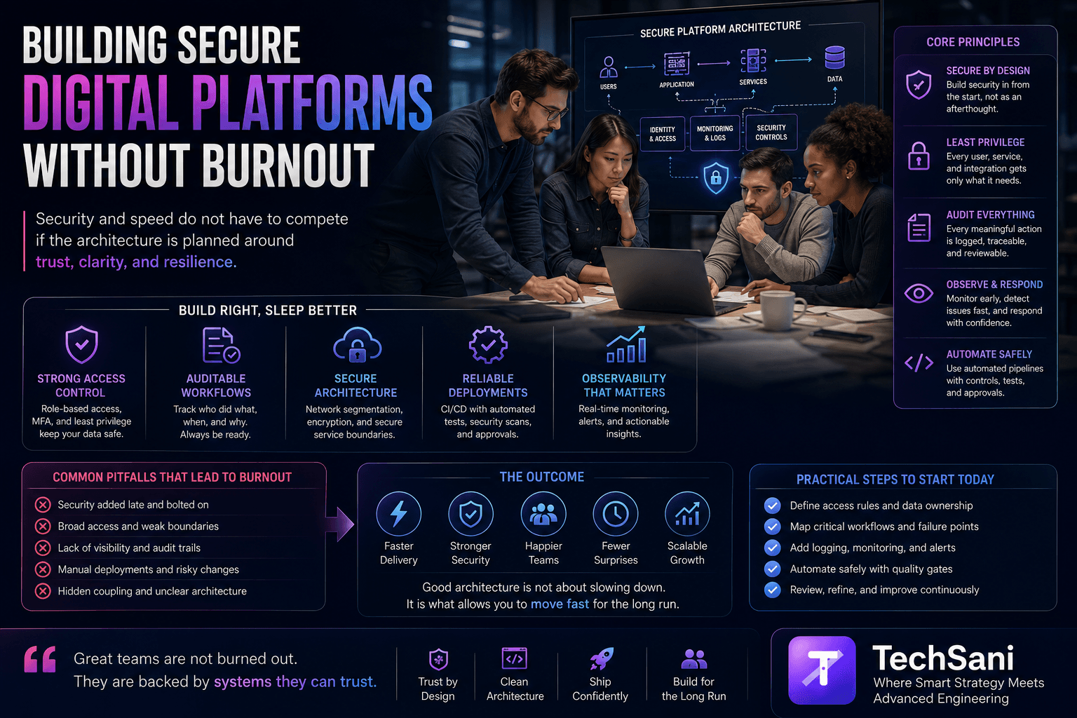 Developer team planning secure platform architecture without burnout